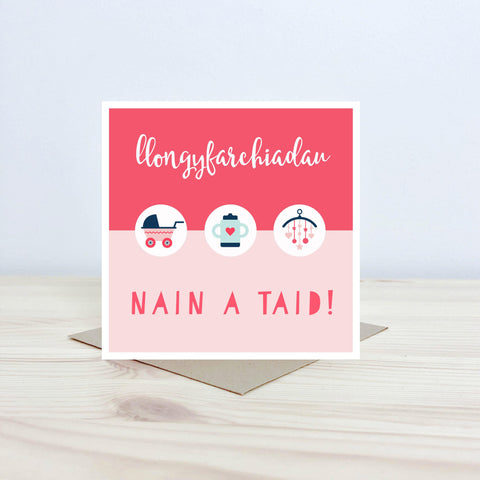 Welsh new baby card 'Llongyfarchiadau Nain a Taid!' pink - Nansi Nudd