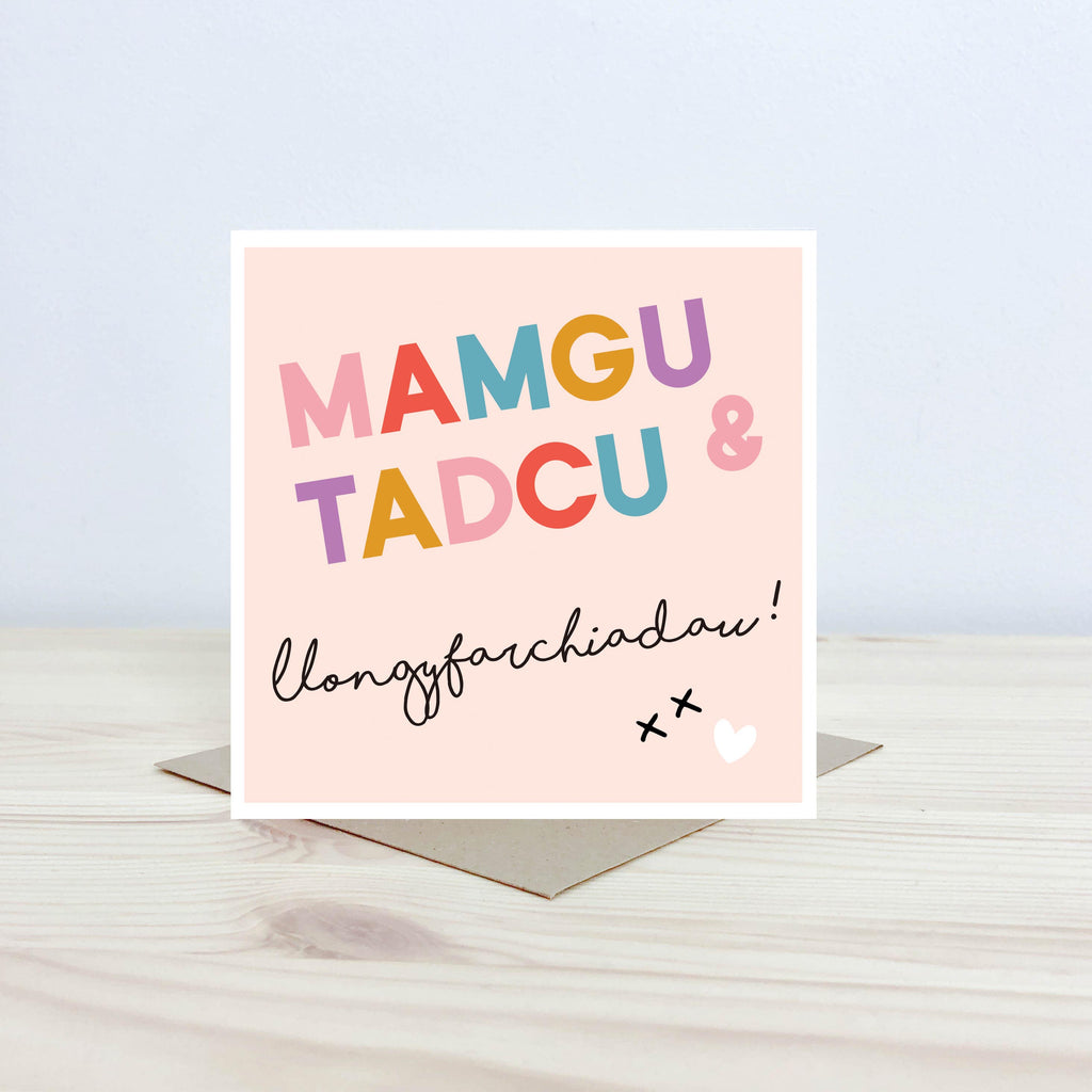 Welsh baby card 'Mamgu & Tadcu - Llongyfarchiadau!' pink - Nansi Nudd