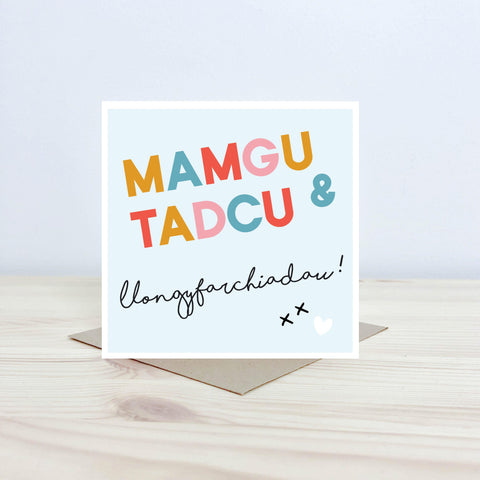 Welsh baby card 'Mamgu & Tadcu - Llongyfarchiadau!' blue - Nansi Nudd