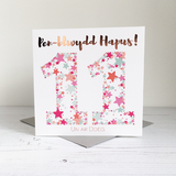 Welsh birthday card 'Pen-blwydd hapus 11' pink / Cerdyn Cymraeg - Draenog