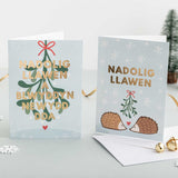 Christmas card 'Nadolig Llawen' hedgehogs - gold foil